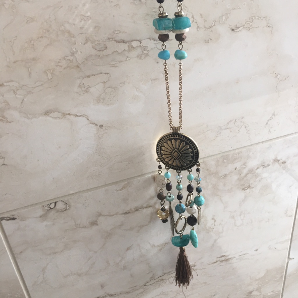 C1946 Gold Tone Long Necklace Turquoise,Brown Colors